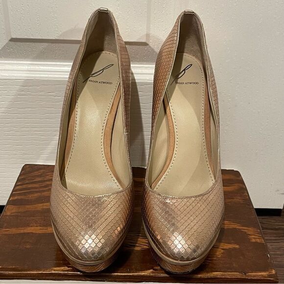 Brian Atwood Rose Gold Snakeskin Embossed Stiletto Platform Ultra High Heels 8.5 - Picture 13 of 14